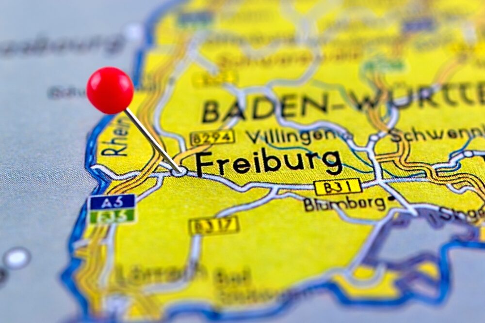 Freiburg,Pinned,On,A,Map,Of,Germany.,Map,With,Red